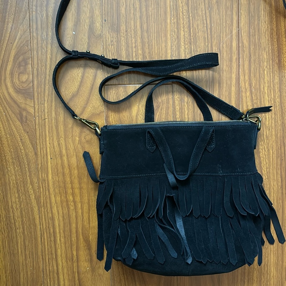 Madewell Black Suede Fringe Transport Tote Crossbody